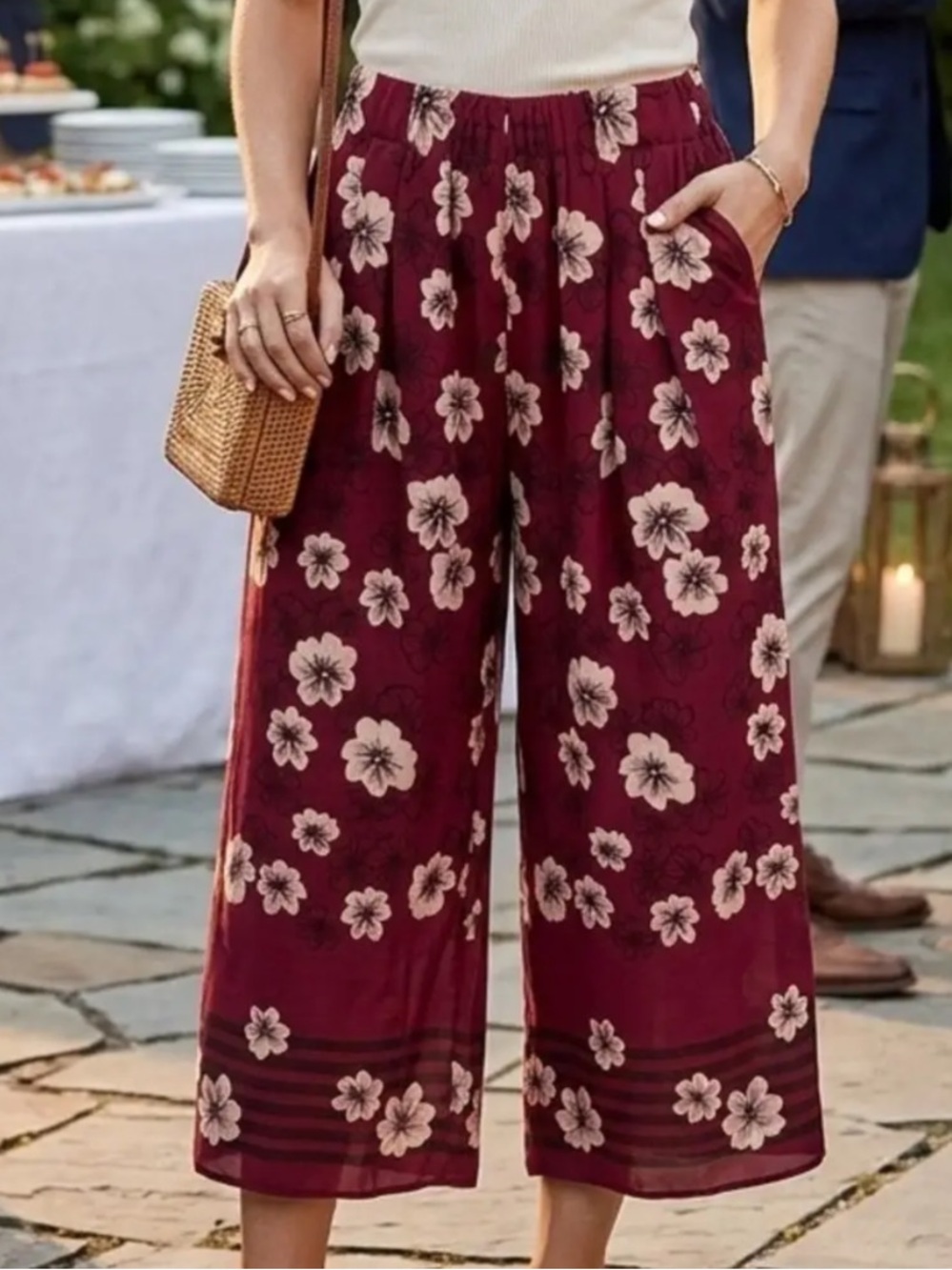Umgee Burgundy Floral Wide Leg Flowy Palazzo Pants Large NWT